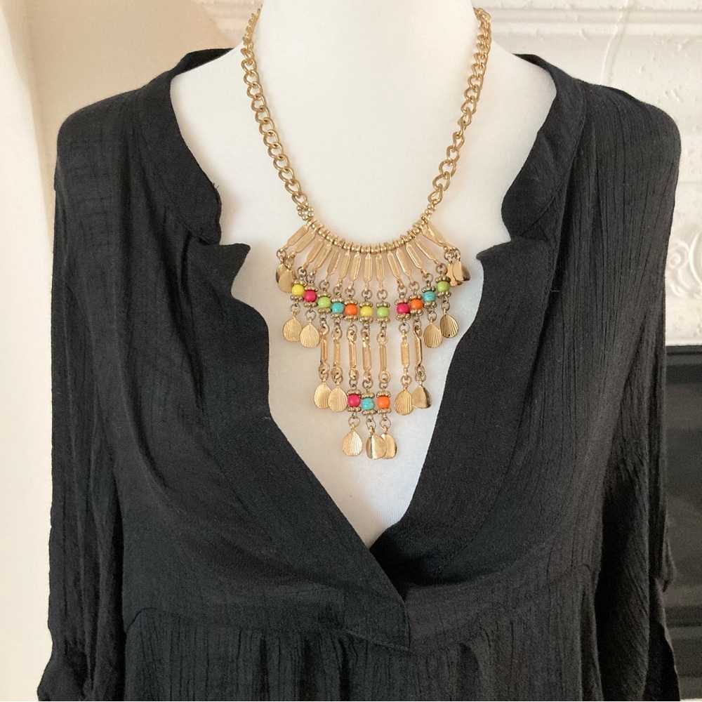Chico’s Gold Tone Multicolor Statement Bib Necklace Beaded